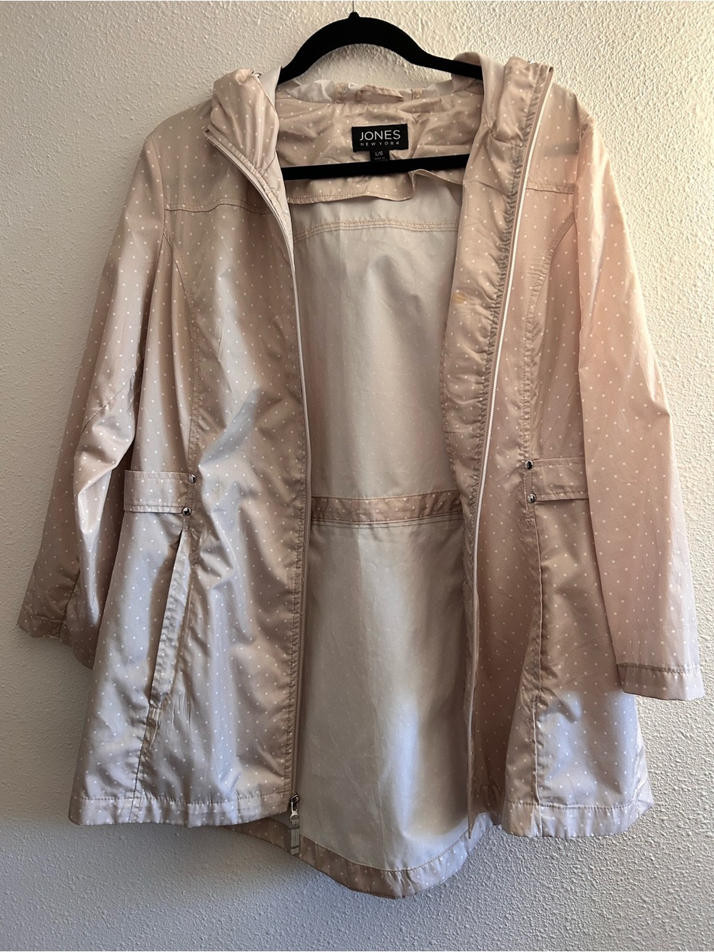 Jones New York Cream Polka Dot Hooded Trench Coat